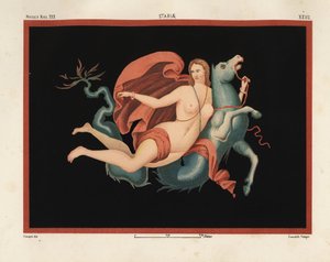 Nereida (nimfa morska) w płaszczu i bransoletkach jadąca na potworze morskim lub hipokampie, pół koniem, pół rybą. Muzeum Naza. XXII, Stabiae. Rysowane i chromolitografowane przez Victora Steegera z Emile Presuhn (1844-1878) Najpiękniejsze obrazy Pompejów,