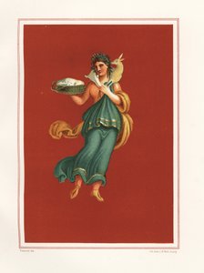 Alegoryczne malowidło ścienne Wiosna od strony zachodniej atrium Regio IX.V.11. Trzyma kosz sera i niesie baranka na ramionach. Chromolitografia J.G. Bacha według ilustracji Geremii Discanno z Emile Presuhn (1844-1878)