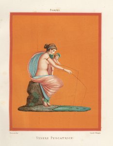 Mural przedstawiający Wenus i Kupidyna łowiącego ryby na wędkę ze stawu. Znaleziono w Regio V.V.3, Domu Gladiatorów. Chromolitografia Victora Steegera na podstawie ilustracji Geremii Discanno z Emile Presuhn (1844-1878) Najpiękniejsze obrazy Pompejów,