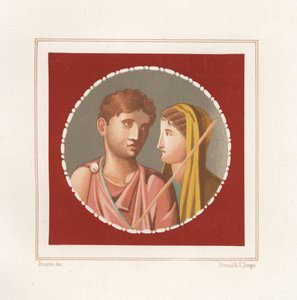 Portret mężczyzny i kobiety z niezidentyfikowanego domu w Pompejach. Chromolitografia Victora Steegera na podstawie ilustracji Geremii Discanno z Emile Presuhn (1844-1878) Najpiękniejsze obrazy Pompejów, Lipsk
