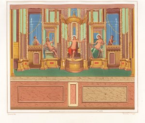 Malowidło ścienne przedstawiające Bachusa, Wenus i Apolla z zacisznego miejsca do siedzenia w rogu ogrodu w Domus M. Herenulli Communis lub Domu Apolla, Reg. VI, Ins. VII, nr 23. Chromolitografia Victora Steegera na podstawie ilustracji Geremii Discan