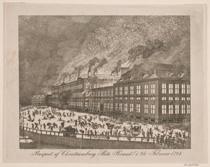 Prospekt dotyczący pożaru zamku Christiansborg w dniu 26 lutego 1794 r. autorstwa Gerhard Ludvig Lahde