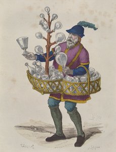 Sprzedawca szkła i kryształów w XV wieku, z Costumes de Paris a Travers les Siecles z 1887 r. (kolorowa grawerunek)