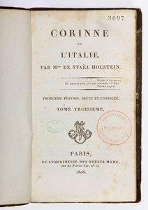 Strona tytułowa Corinne ou lItalie, wydanie trzecie poprawione i rozszerzone, tom trzeci, Imprimerie des Freres Mame, Paryż, 1808 (papier zadrukowany) autorstwa Germaine de Stael