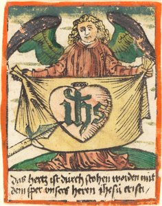 Święty monogram w Najświętszym Sercu na chuście trzymanym przez anioła
