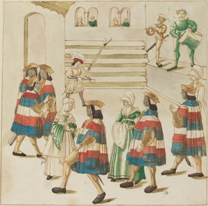 Mężczyźni w czerwonych, białych i niebieskich tańcach ze swoimi partnerami autorstwa German 16th Century