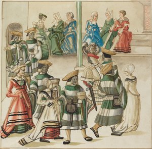 Trzy tańczące pary prowadzone przez dwóch rycerzy w sali z kolumną autorstwa German 16th Century