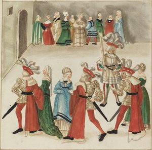 Trzech mężczyzn w czerwonych pelerynach tańczy ze swoimi partnerami autorstwa German 16th Century