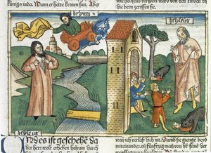2 Królów 2 1-24 Eliasz wstępuje do nieba w wirze trąbowym, a chłopcy, którzy szydzili z Elizeusza są zjadani przez niedźwiedzie, z Biblii Norymberskiej (Biblia Sacra Germanaica) (kolorowy drzeworyt) autorstwa German School