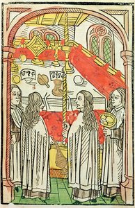 Msza prawosławna na soborze w Konstancji 1415, ilustracja z Kroniki soboru w Konstancji Ulricha Richentala (1378-1437) 1483 (kolorowy drzeworyt) autorstwa German School