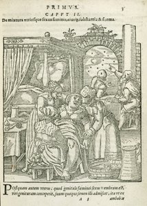 Kobieta w pracy, ilustracja z rozdziału 2, księga 1 O poczęciu i rozwoju człowieka Rueffa, 1587 autorstwa German School