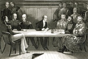 Konferencja w Chusan pomiędzy komandorem Bremerem a Chang, chińskim urzędnikiem, na pokładzie HMS Wellesley, 4 lipca 1841 autorstwa German School