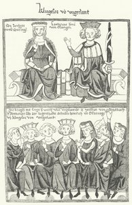Przedstawienie Sangerkrieg, pojedynku minstreli na zamku Wartburg w Turyngii w 1207 roku, z Codex Manesse (rycina) autorstwa German School