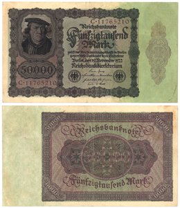 Banknot pięćdziesiąt tysięcy marek, 1922 (odwrócony i odwrócony) autorstwa German School