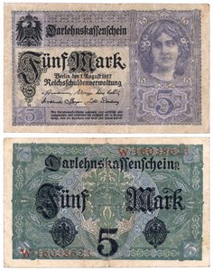 Banknot pięciomarkowy, 1917 (odwrócony i odwrócony) autorstwa German School
