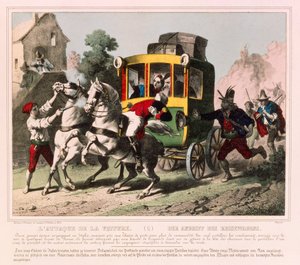Para w czasie miesiąca miodowego zostaje zaatakowana przez rozbójników we Włoszech, ulotka ilustracyjna opublikowana przez Gangel i P. Didion, Metz, ok. 1850 autorstwa German School