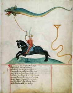 Rycerz trzymający smoka lecącego jelenia Strona rękopisu szkoły niemieckiej z XV wieku. 1405 Getynga, biblioteka Uniwersytetu autorstwa German School
