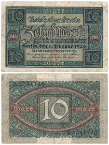 Banknot dziesięciomarkowy, 1920 (odwrócony i odwrócony) autorstwa German School