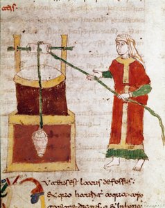 Kobieta czerpiąca wodę ze Studni Miniaturowej zaczerpniętej z tomu „De puteis” rękopisu „De Universe” (lub De rerum naturis (De la Nature des chooses)) (kod. 132) autorstwa Rabanus Maurus Magnentius (lub Raban Maur lub Rabano Mauro) (ok. 780-856). 9 wiek autorstwa German School