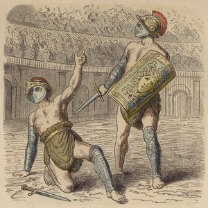 Ranny gladiator rzymski błagający tłum o życie (kolorowy grawerunek) autorstwa German School