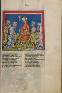 Aaron zamienia kij w węża z Weltchronik Ms. 33, fol. 73, ok. 1400-10 (tempera, złota i srebrna farba, tusz na pergaminie) autorstwa German School