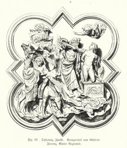 Abraham ofiarowujący swojego syna Izaaka na ofiarę, płaskorzeźba z brązu autorstwa Lorenzo Ghiberti (rycina) autorstwa German School