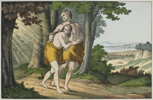 Adam i Ewa wygnani z raju, ilustracja z Lancien Testament, wyd. Jakob Ferdinand Schreiber, Esslingen (kolorystyka) autorstwa German School