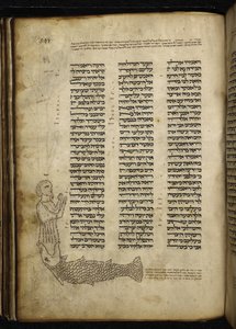 Dodać. 21160, f.292, Mikrografia Jonasza połkniętego przez rybę, tekst Jonasza haftory na popołudniowe nabożeństwo Jom Kippur (wellum) autorstwa German School