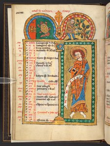 Dodać. 60629, f.5v Październik. 12 kartek kalendarza w kolorze złotym i kolorowym, z ramkami architektonicznymi, z których każda zawiera znak zodiaku, apostoła i pracę miesiąca.  Psałterz. Psałterz podświetlany z kalendarzem, kantykami i litaniami na użyte autorstwa German School