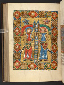 Dodać. 60629, f.84v Dwóch świętych wojskowych z głowami innych (welum) autorstwa German School