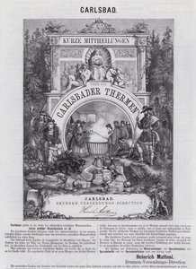 Reklama wody mineralnej Mattoni i innych produktów z uzdrowiska w Carlsbad (Karlovy Vary), Czechy (grawerowanie) autorstwa German School