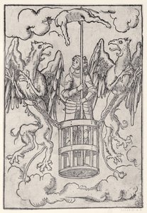 Aleksander Wielki uniesiony w powietrze przez dwa gryfy, ok. 1525 autorstwa German School