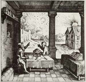 Astrolog rzucający horoskop, kopia ilustracji z Utriusque Cosmi Historia autorstwa Roberta Fludda, Oppenheim 1617, wykorzystana w Historii magii, opublikowanej pod koniec XIX wieku autorstwa German School
