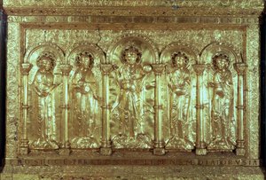 Antependium przedstawiające Chrystusa z darczyńcami u jego stóp pomiędzy archaniołami Gabrielem, Rafałem i Michałem oraz św. Benedyktem (złoto) (patrz także 162678) autorstwa German School