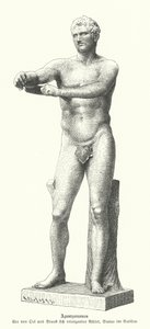 Apoxyomenos, posąg sportowca zeskrobującego pot i kurz z ciała za pomocą strigila (rycina) autorstwa German School