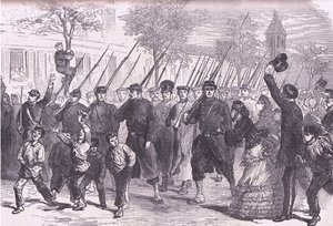 Przybycie do Paryża jeńców pruskich po bitwie pod Bagneun, Cassells History of the War between France and Germany, opublikowanej przez Cassell and Company Limited, c.1890 (lito) autorstwa German School