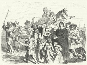 Przybycie francuskich imigrantów hugenotów do Brandenburgii po wydaniu przez Wielkiego Elektora Fryderyka Wilhelma edyktu poczdamskiego w 1685 roku (ryty) autorstwa German School