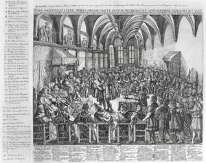 Zgromadzenie Najwybitniejszych Książąt Niemieckich w Sali Biskupiej w Augsburgu w obecności Karola V (1500-58) 25 czerwca 1530 r. autorstwa German School