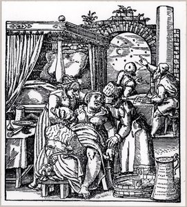 Astrologowie rzucający horoskop dla dziecka urodzonego kobiecie na krześle porodowym, z książki De Conceptu et Generatione Hominis autorstwa Jacoba Rueffa, opublikowanej we Frankfurcie, 1587 autorstwa German School