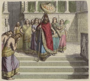 Król asyryjski i jego świta (kolorowy grawerunek) autorstwa German School