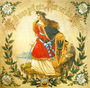 Sztandar z wizerunkiem Germanii, symbolu zjednoczonych Niemiec, ok. 1918 r. (druk) autorstwa German School