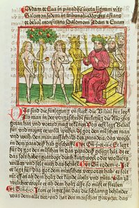Belial przedstawiający Adama i Ewę Salomonowi, ilustracja z niemieckiego przekładu Das Buch Belial, 1473 (kolorowy drzeworyt) autorstwa German School