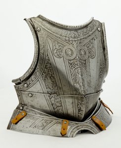 Napierśnik z nowoczesną dekoracją, ok.1550 (stal trawiona, ślady złoceń i nowoczesna skóra) autorstwa German School