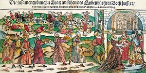 Gazeta informacyjna i ilustracje przedstawiające małżeństwo zastępcze w marcu 1595 arcyksiężnej Marii Krystyny austriackiej z ambasadorem Zygmunta Batorego, księciem Siebenbürgen (Transylwania) i bitwy pod Călugăreni w sierpniu 1595, c.1 autorstwa German School
