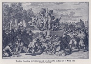 Brutalne morderstwo braci Jana i Cornelisa de Witt przez oranżystowski tłum, Haga, Holandia, 20 sierpnia 1672 r. (litografia) autorstwa German School