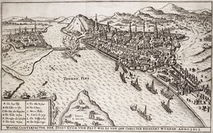 Buda i Peszt oblężone przez chrześcijan w 1602 r., ilustracja z książki o kampaniach osmańskich w Europie, rytowana przez Paula Fursta (ok. 1605-66) autorstwa German School