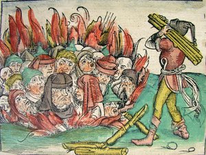 Spalenie Żydów, opublikowane w Kronice Norymberskiej, 1493 autorstwa German School