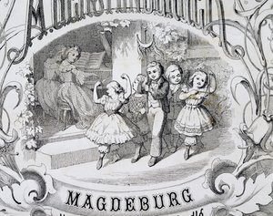 Dziecięca scena taneczna, fragment strony tytułowej zbioru muzyki i tańców dla dzieci wydanego w Magdeburgu. Niemcy autorstwa German School
