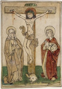Chrystus na krzyżu z Maryją i św. Janem, ok.1470-80 (rękobarwiony drzeworyt na pergaminie) autorstwa German School