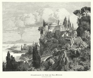 Linia brzegowa Zatoki Neapolitańskiej od starożytnego rzymskiego miasta Baiae, Cape Miseno, z Wezuwiuszem w oddali (rycina) autorstwa German School